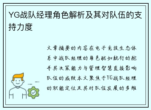 YG战队经理角色解析及其对队伍的支持力度