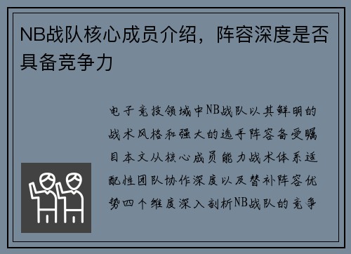 NB战队核心成员介绍，阵容深度是否具备竞争力